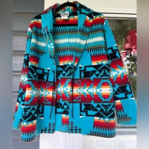 Vintage Teal Jacket Womens Large Aztec Southwest Fleece Blazer Jacket 90s Y2K